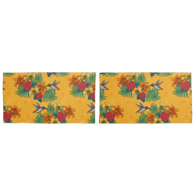 Hummingbirds and tropical bouquet in yellow pillowcase (Front-Set)