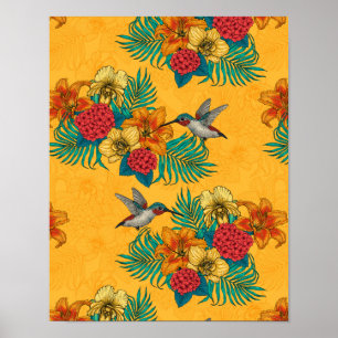 Hummingbirds and tropical bouquet in yellow poster