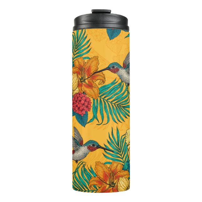 Hummingbirds and tropical bouquet in yellow thermal tumbler (Front)