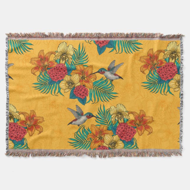 Hummingbirds and tropical bouquet in yellow throw blanket (Front)