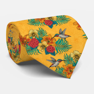 Hummingbirds and tropical bouquet in yellow tie