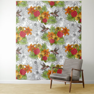 Hummingbirds and tropical bouquet tapestry