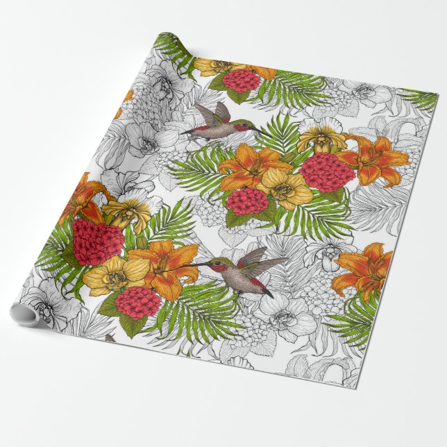 Hummingbirds and tropical bouquet wrapping paper (Unrolled)