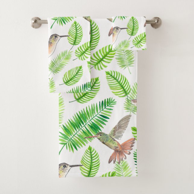 Hummingbirds and tropical leaves bath towel set (Insitu)