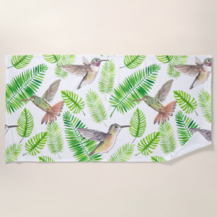 Hummingbirds and tropical leaves beach towel