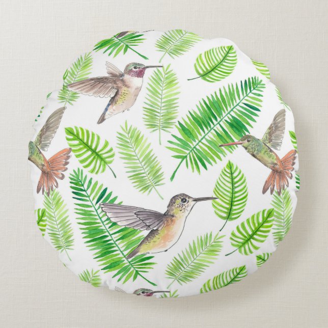Hummingbirds and tropical leaves round cushion (Front)
