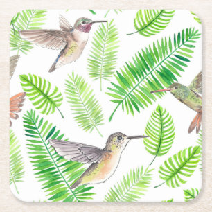 Hummingbirds and tropical leaves square paper coaster