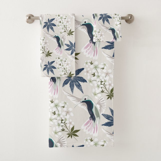 Hummingbirds and white flowers. bath towel set (Insitu)