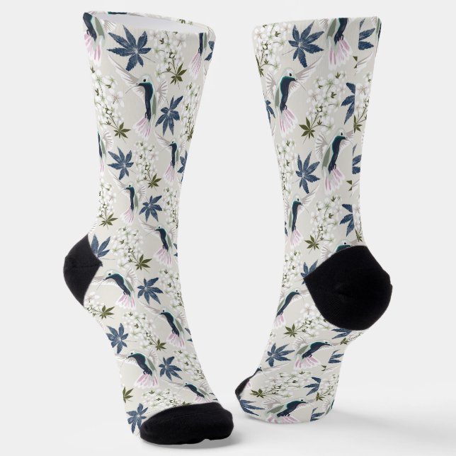 Hummingbirds and white flowers. socks (Angled)