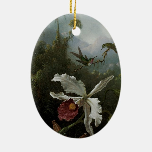 Hummingbirds and White Orchid by Martin J. Heade Ceramic Ornament (Back)