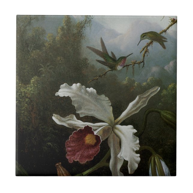 Hummingbirds and White Orchid by Martin J. Heade Ceramic Tile (Front)
