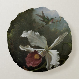 Hummingbirds and White Orchid by Martin J. Heade Round Cushion