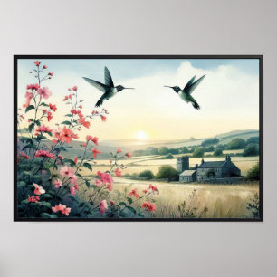 Hummingbirds and Wildflowers With Optional Frame Poster