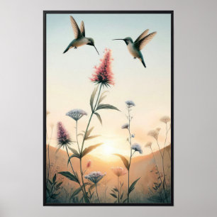 Hummingbirds and Wildflowers With Optional Frame Poster