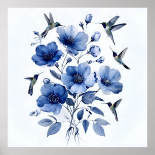 Hummingbirds Blue And White Elegant Floral Art Poster