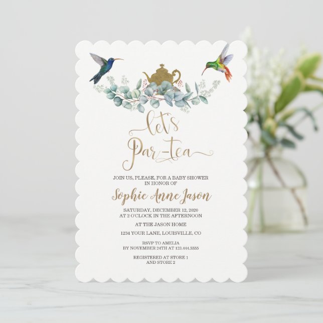 Hummingbirds Eucalyptus Baby Shower Tea Party   Invitation (Standing Front)