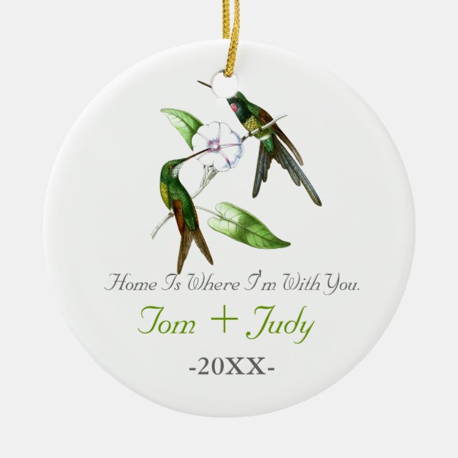 Hummingbirds First Christmas Together Newly Weds Ceramic Ornament (Front)