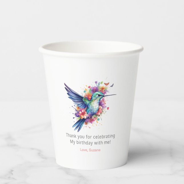 Hummingbirds Floral Bouquet Birthday Party Paper Cups (Front)