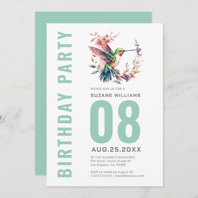 Hummingbirds Floral Wreath Bithday Party Invitation (Front/Back)