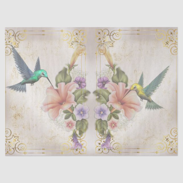 Hummingbirds, Flowers and Scroll work Decoupage Tissue Paper (Front)