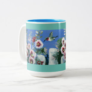 HUMMINGBIRDS FLOWERS FENCE Two-Tone COFFEE MUG