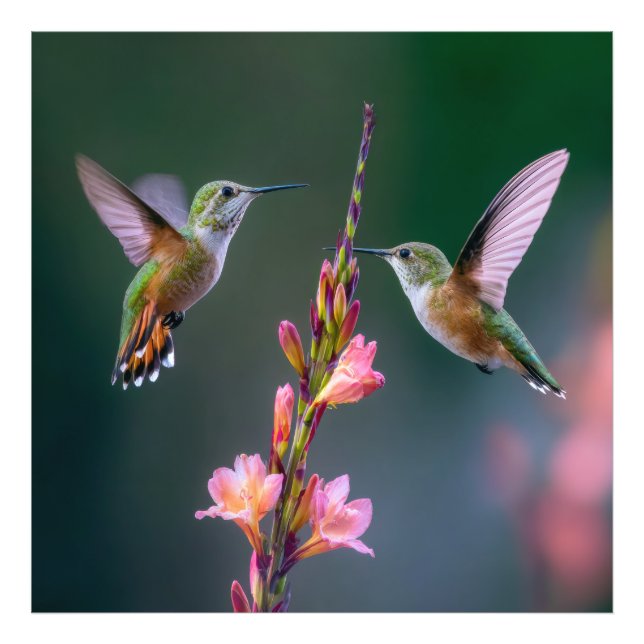 Hummingbirds Gladiolus Flowers Iridescent Pair Photo Print (Front)