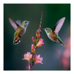 Hummingbirds Gladiolus Flowers Iridescent Pair Poster