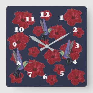 Hummingbirds Hibiscus Floral Art Square Wall Clock