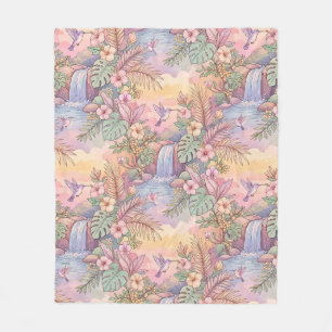 Hummingbirds Hibiscus Waterfall Cheerful Fleece Blanket
