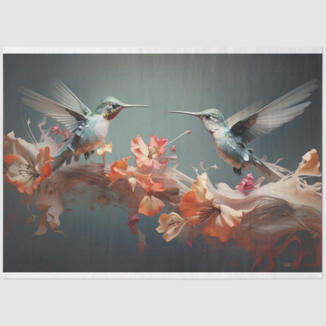 Hummingbirds in Flight Orange Flowers #2 Decoupage Tissue Paper (Front)