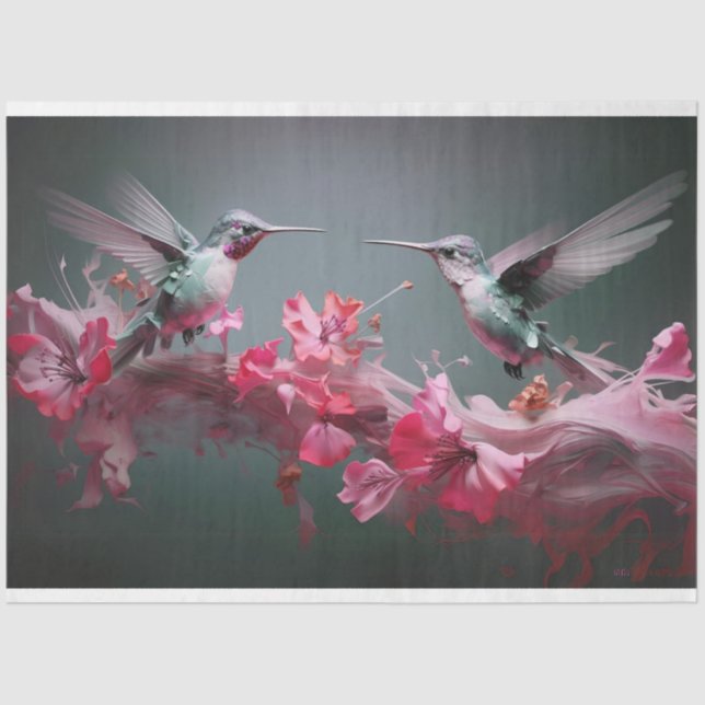 Hummingbirds in Flight Pink Flowers Decoupage #1 Tissue Paper (Front)