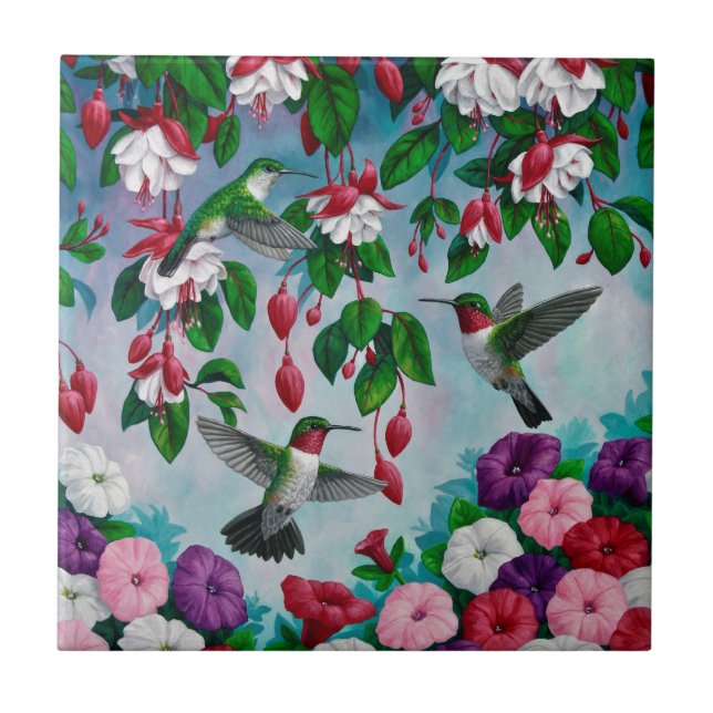 Hummingbirds in Fuchsia Flower Garden Ceramic Tile (Front)