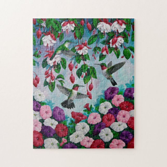 Hummingbirds in Fuchsia Flower Garden Jigsaw Puzzle (Vertical)