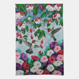 Hummingbirds in Fuchsia Flower Garden Tea Towel