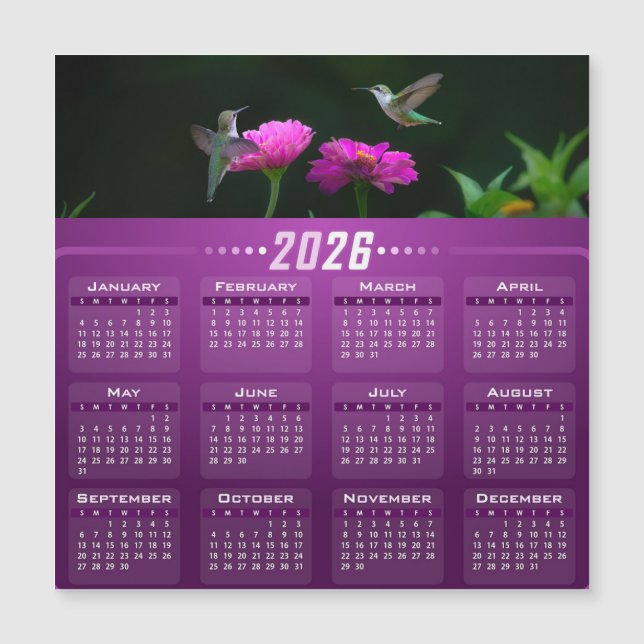 Hummingbirds In Garden Magnetic Calendar Card (Front)