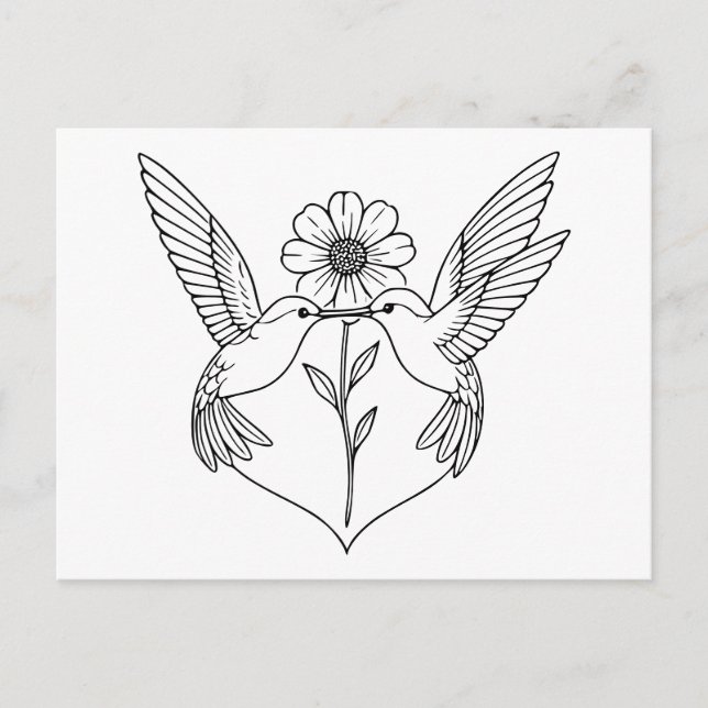 Hummingbirds in Heart Shape with Flower Line Art Postcard (Front)
