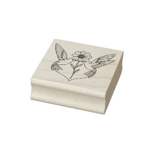 Hummingbirds in Heart Shape with Flower Line Art Rubber Stamp