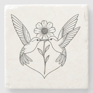 Hummingbirds in Heart Shape with Flower Line Art Stone Coaster