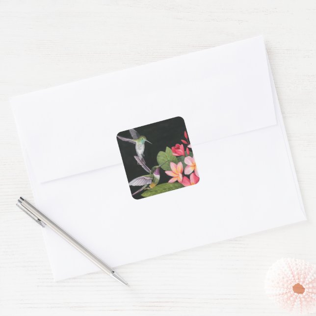Hummingbirds In the Plumeria Square Sticker (Envelope)