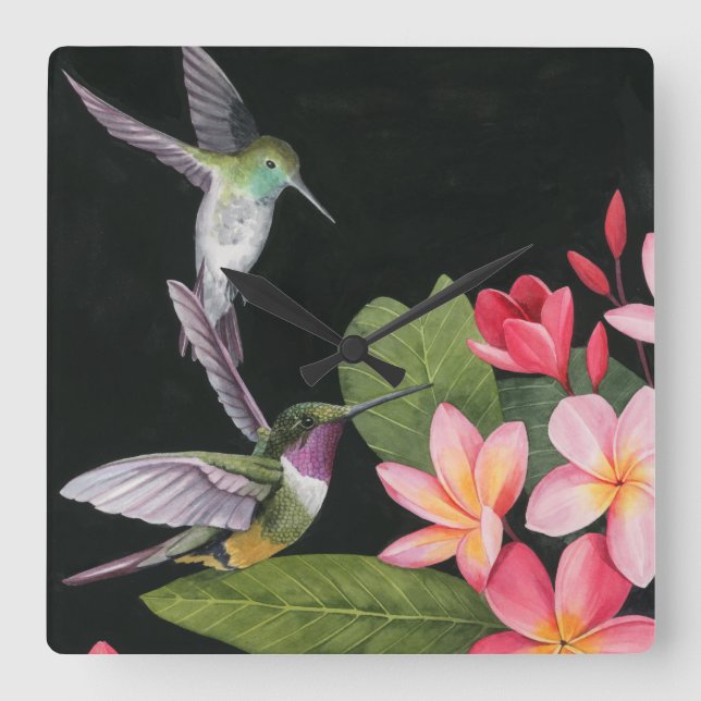 Hummingbirds In the Plumeria Square Wall Clock (Front)