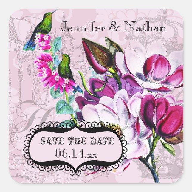 Hummingbirds Magnolias Save the Date Stickers (Front)