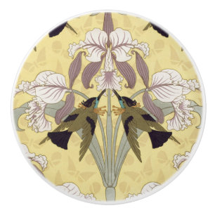 Hummingbirds Orchids Maidenhair Ferns Art Nouveau Ceramic Knob