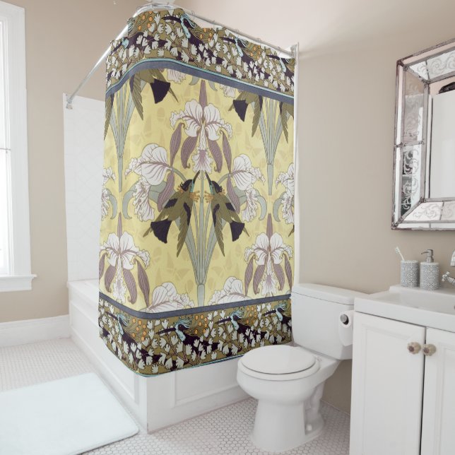 Hummingbirds,Orchids,Maidenhair Ferns Art Nouveau Shower Curtain (In Situ)