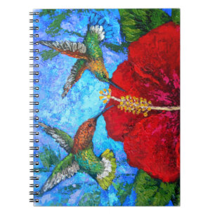 Hummingbirds Red Hibiscus Floral Painting Photo Notebook