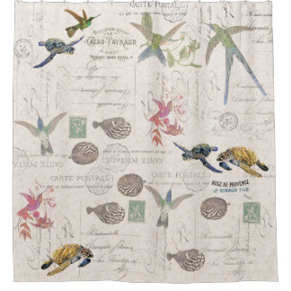 Hummingbirds Sea Turtles Blowfish French Ephemera Shower Curtain