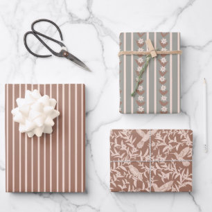 Hummingbirds, stripes, floral  wrapping paper sheet