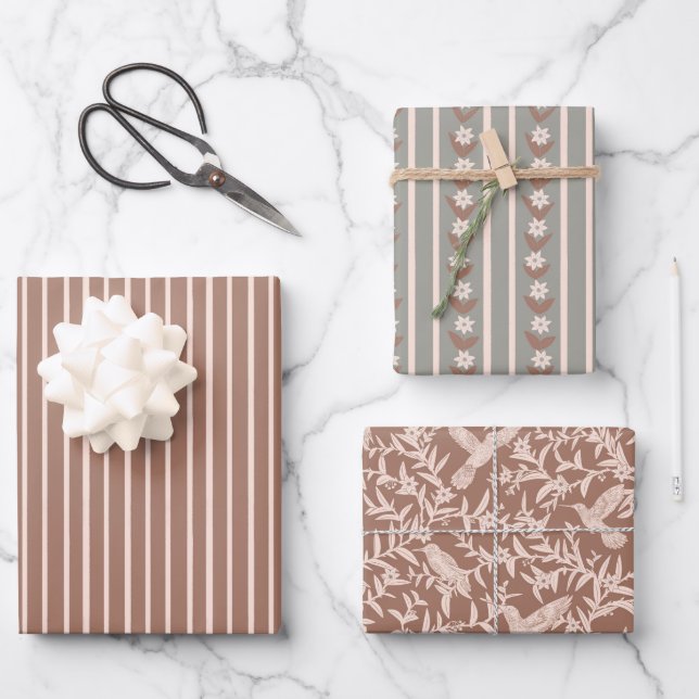 Hummingbirds, stripes, floral  wrapping paper sheet (Front)