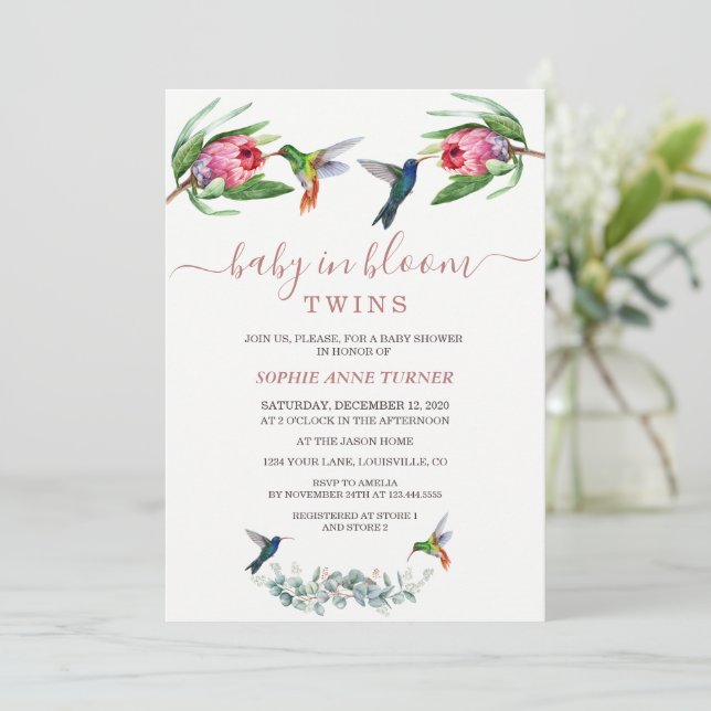 Hummingbirds Twins Pink Protea Baby in Bloom Invitation (Standing Front)