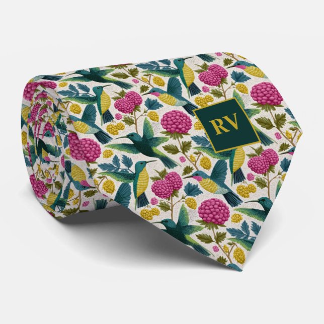 Hummingbirds with Rasberry Flowers Tie (Rolled)