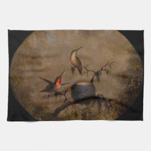 Hummingbirds with their nest victorian painting tea towel
